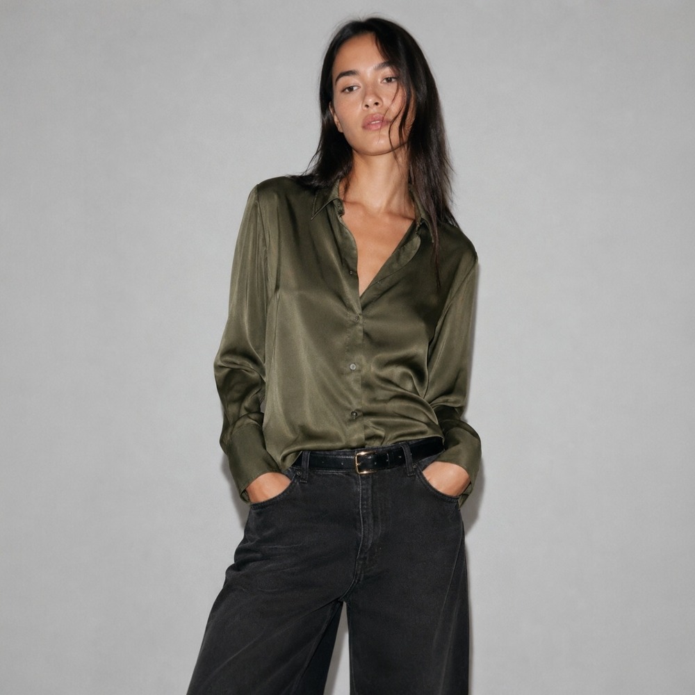 H&M Satin Button Up Blouse Womens Medium Olive Green Long Sleeve Stretch